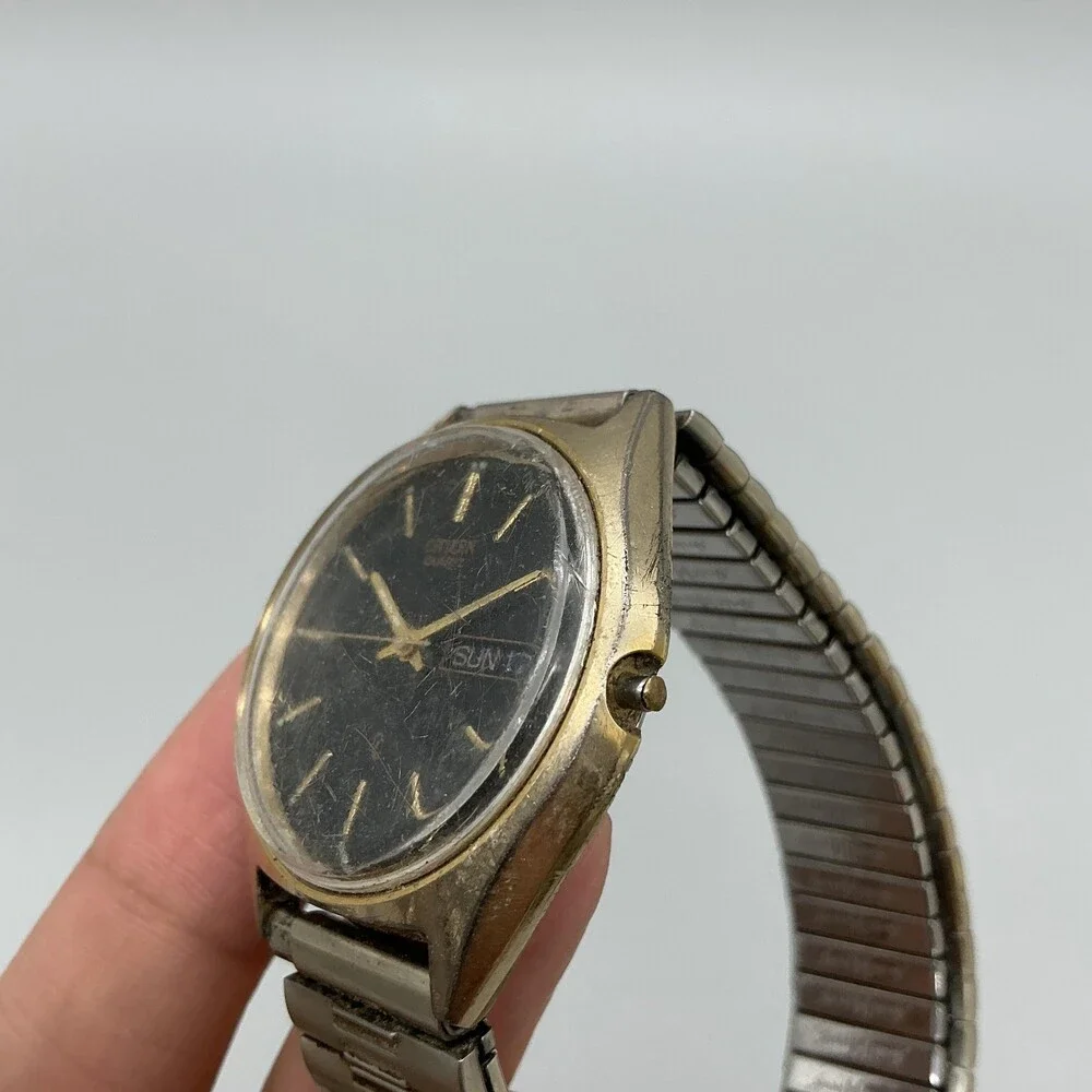 Vintage Citizen H100 Mens Watch 36mm Black Dial Day Date Missing Crown For Parts
